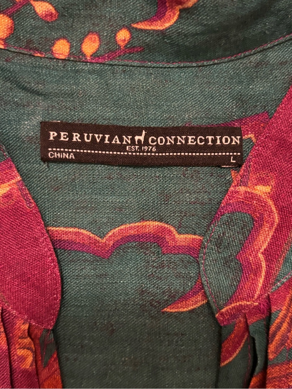 Peruvian Connection Floating World Linen Multicolor Printed Midi Dress, L - Picture 8 of 10